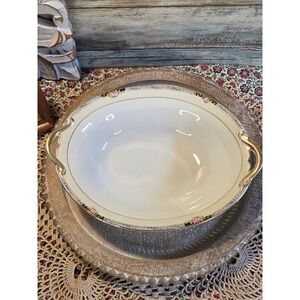 Antique Made in Japan Porcelain Oval Serving Bowl Pink Rose Gold Handles Floral
